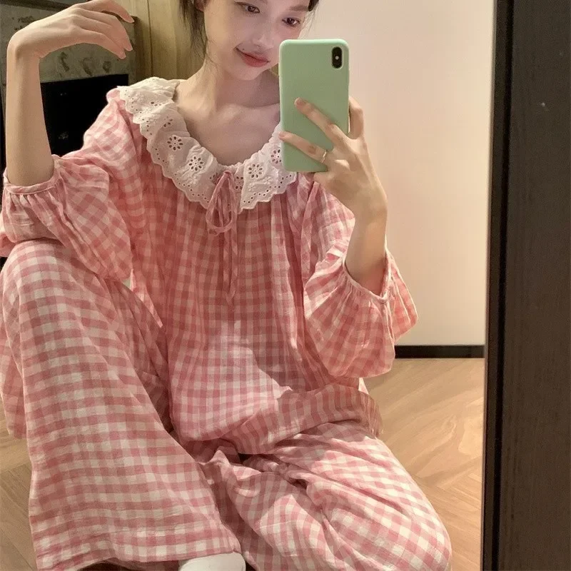 Spring New Knit Cotton Sleepwear 2 Pieces Women's Cute Home Clothes Suit Web Red Korean Style Home Clothes Pants Set Homewear