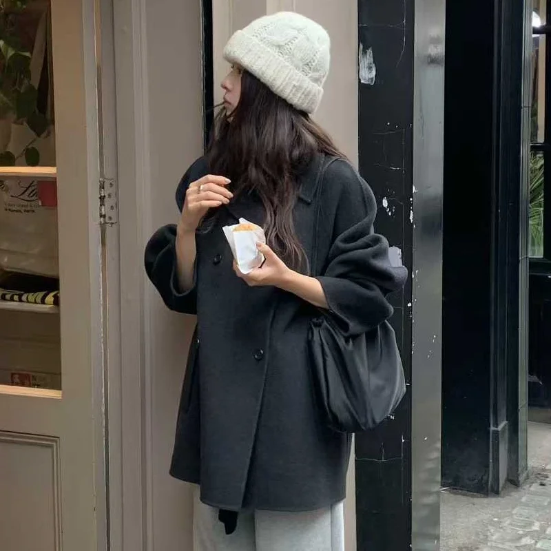 Retro Elegant Lapel Double Breasted Loose Women's Woolen Coat Large Size Commute Style Fashion Outerwear Autumn Season