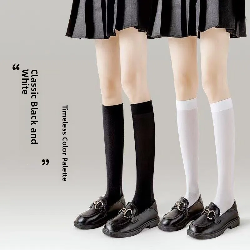 Women's Thin Velvet Long Tube Socks Black over Knee Spring Summer Cotton 100% Micro Pressure Japanese Style Home Comfortable