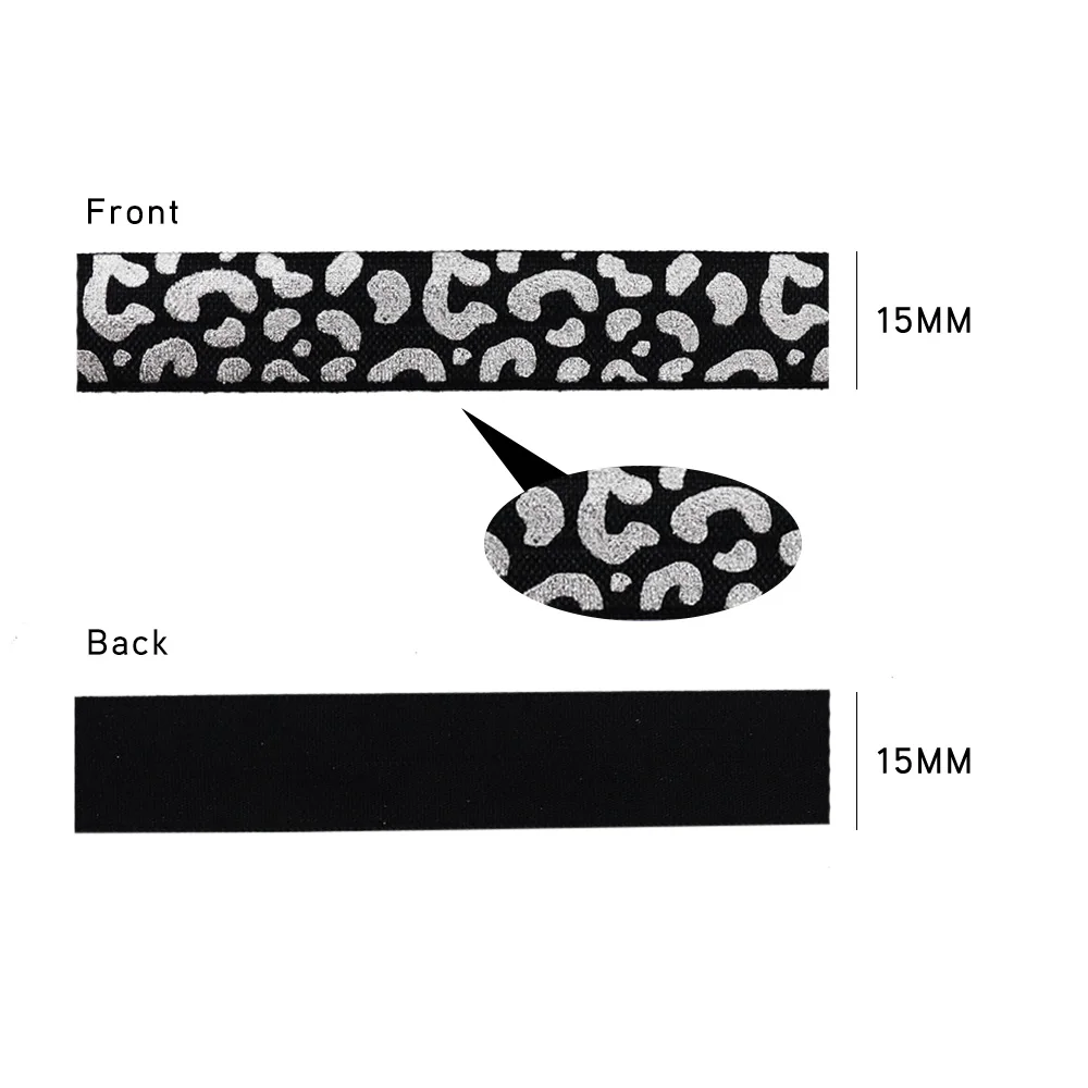 5/8\'\' 15mm Gold Silver Foil Leopard Print Fold Over Elastic Ribbon FOE Band For Hair Ties Headwear DIY Sewing Decoration