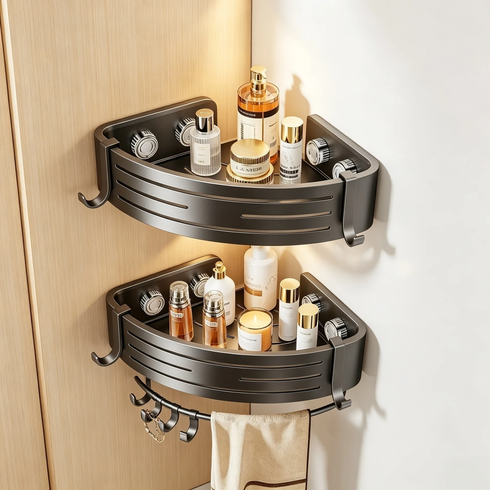 Stick‑on Suction Cup No‑Drill Bathroom Corner Rack Shampoo Storage Holder