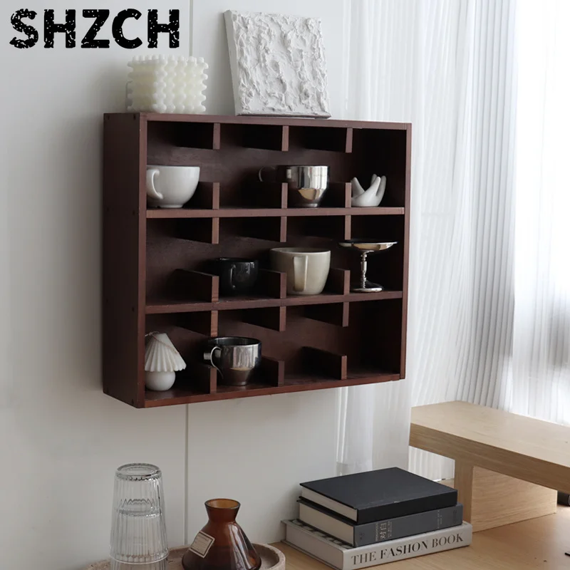 Portavasos montado en la pared de madera maciza, estante de almacenamiento para tazas multicubby, estante de exhibición con patr