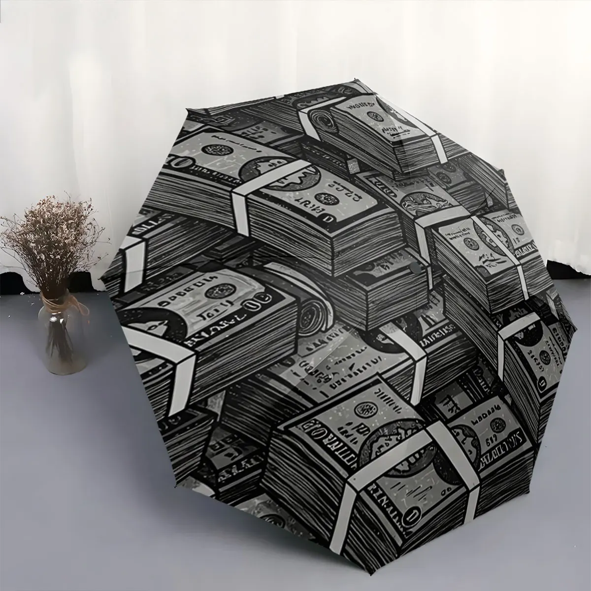 Black Money Stacks Pattern Stylish Compact Umbrella portable waterproof sun rain umbrella for outdoor travel beach