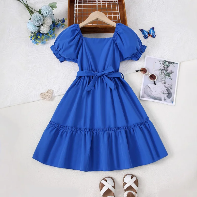 

Summer girls' vacation seaside beach dress, fashionable and elegant French-style dress with puff sleeves and belt
