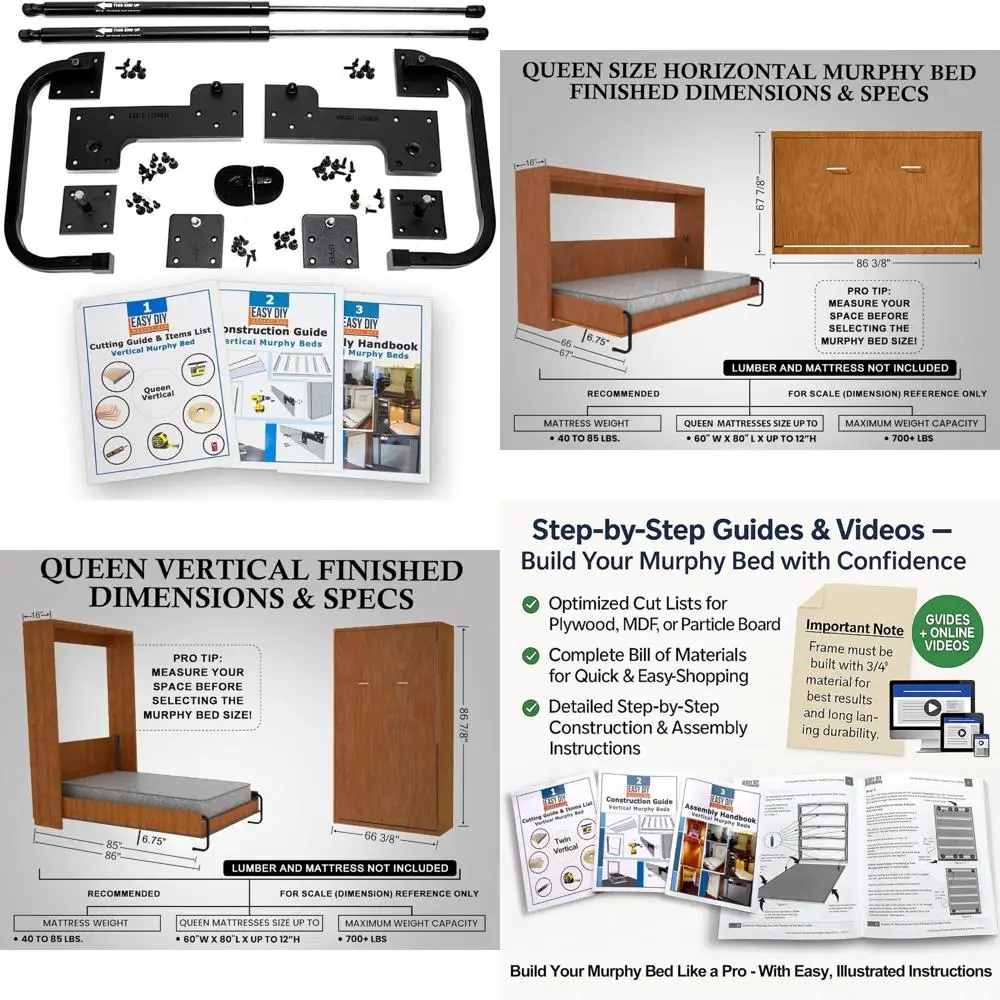 طقم سرير ميرفي بحجم كوين مثبت على الحائط عموديًا - حل DIY موفر للمساحة - صديق للميزانية - صنع في الولايات المتحدة الأمريكية - سرير مخفي