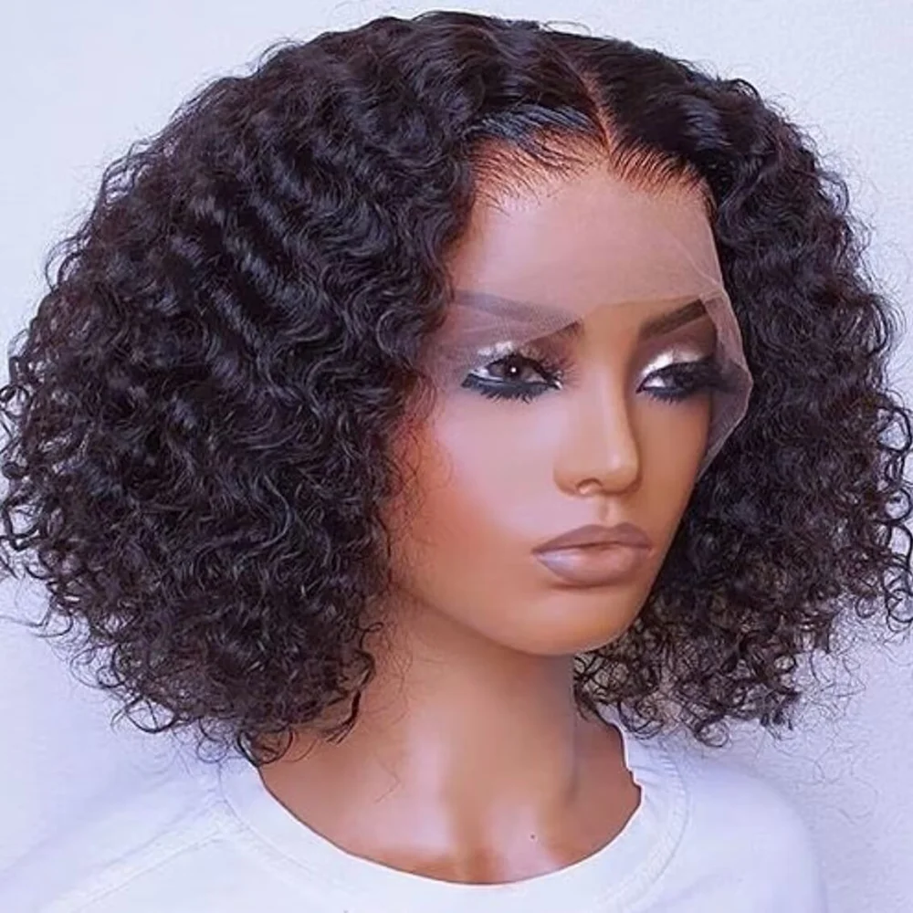 

Kinky Curly 13x4 Lace Front Human Hair Wig Brazilian Remy 100% Real Human Hair Deep Wave Short Bob Wig 200% Density Pre Plucked