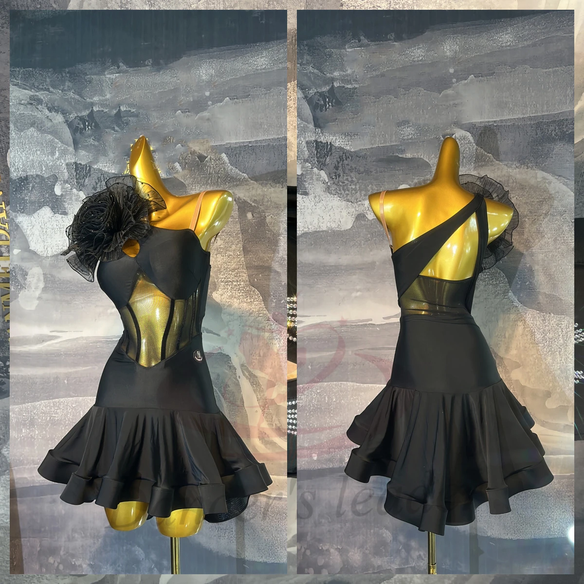 Robe de danse latine pour enfants et adultes, pierre AB, haut de gamme, personnalisée, fleur noire, bretelles, Cha Tango, vêtements pour femmes