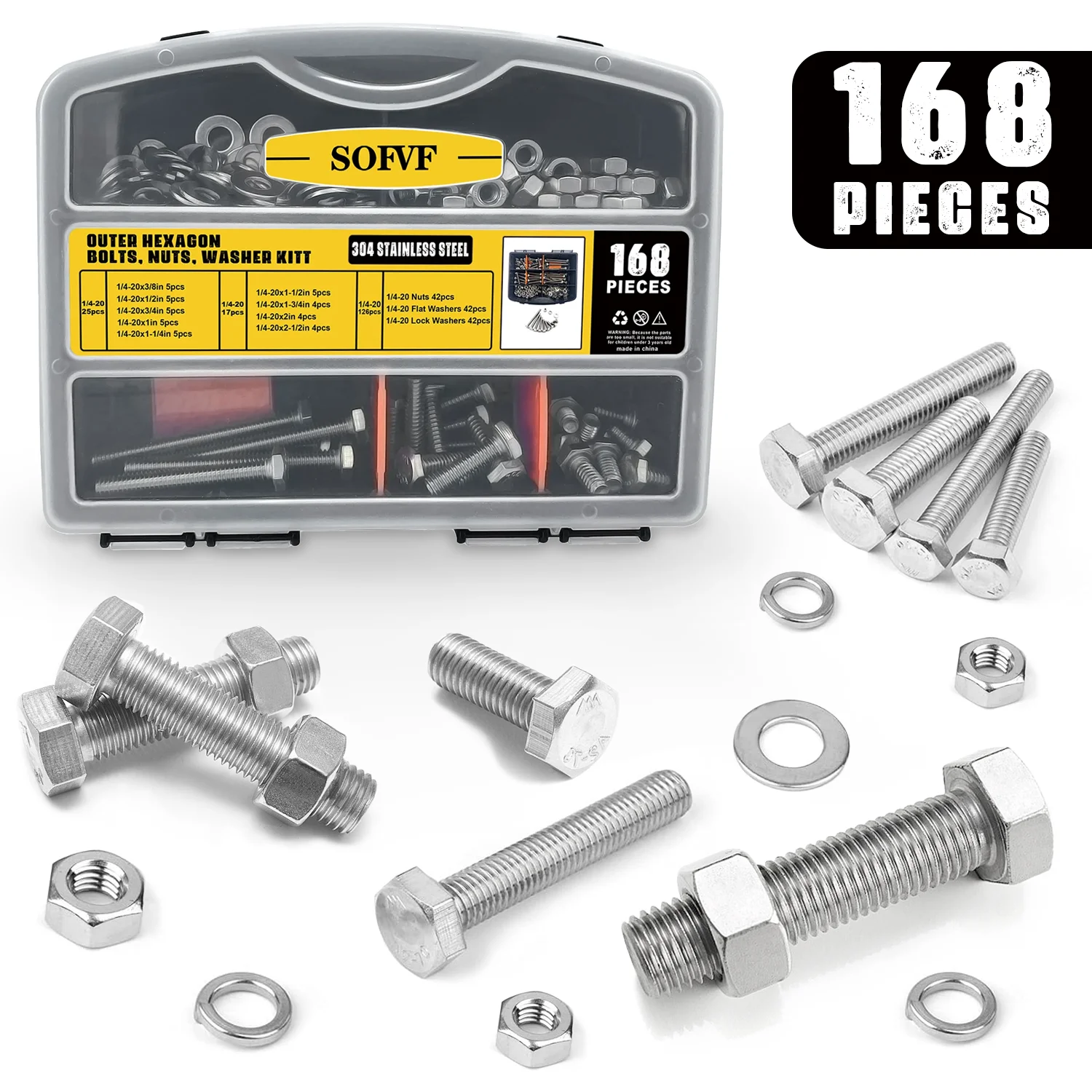 

168Pcs Outer Hexagon Bolts, Stainless Steel Anglo-American Hexagon Head Bolts, Nuts, Washers Classification Combination Kit