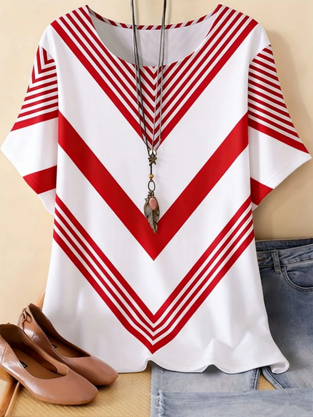 Neues Damen-T-Shirt Sommer O-Ausschnitt Übergroße Lässige Kurzarm-Shirts mit Streifenmuster Damen-Pullover-T-Shirts Damenbekleidung – Detail 7