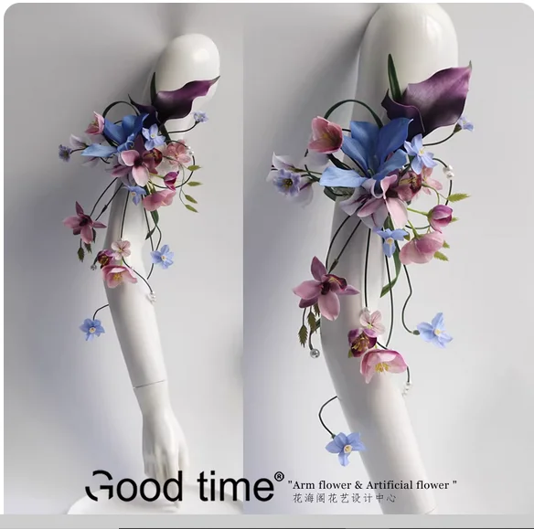 زهور الذراع المزهرة، حلقة الذراع، الزهور الاصطناعية، التصوير الفوتوغرافي، احتفال الزفاف، العروس، الترخيص، صورة الأزهار، الوردي، الأزرق.