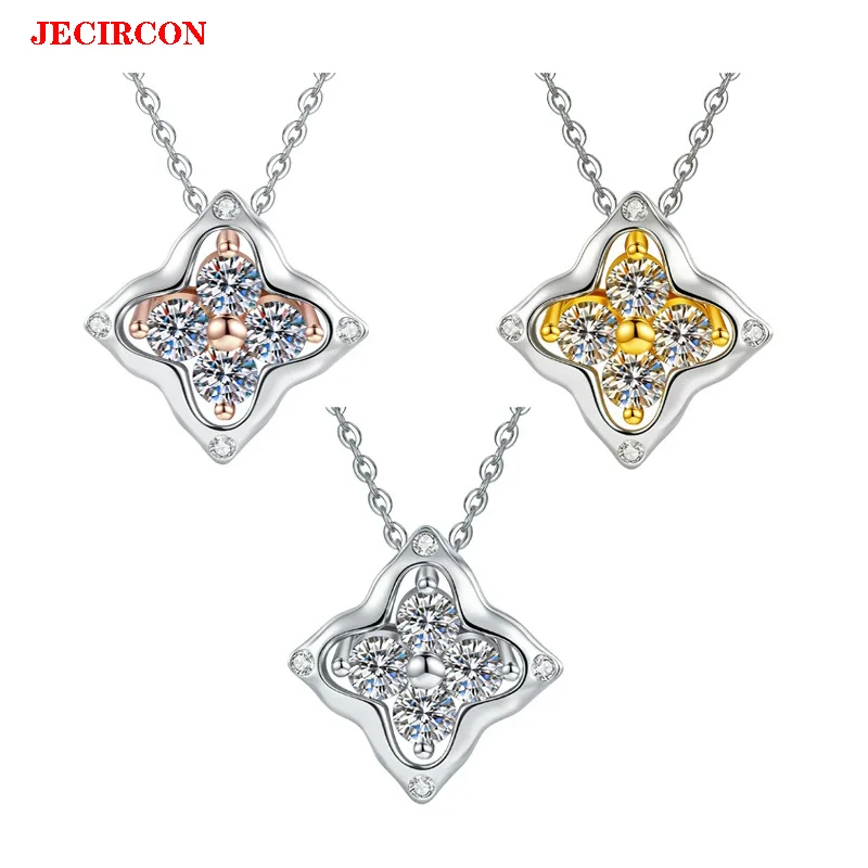 

JECIRCON S925 Sterling Silver Necklace for Women, Full Moissanite 2-Tone Korean Style Flower Pendant Clavicle Chain Fine Jewelry