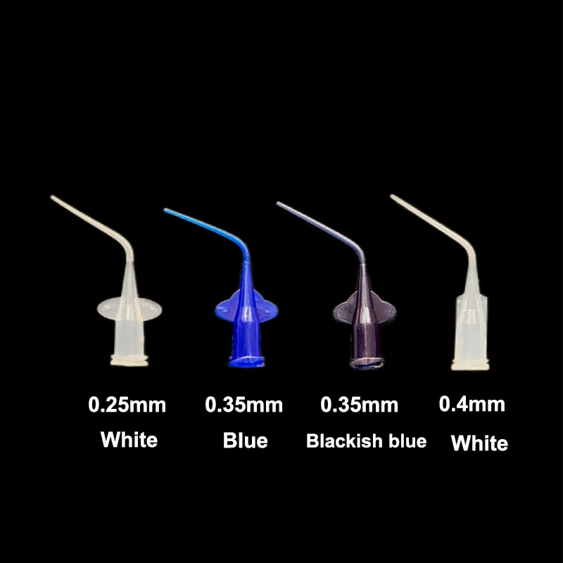 Embout d'aiguille d'irrigation dentaire jetable, 100 pièces/sac, aiguille de livraison d'hydroxyde de Calcium, pointe de seringue en plastique 0.25/0.35/0.4mm