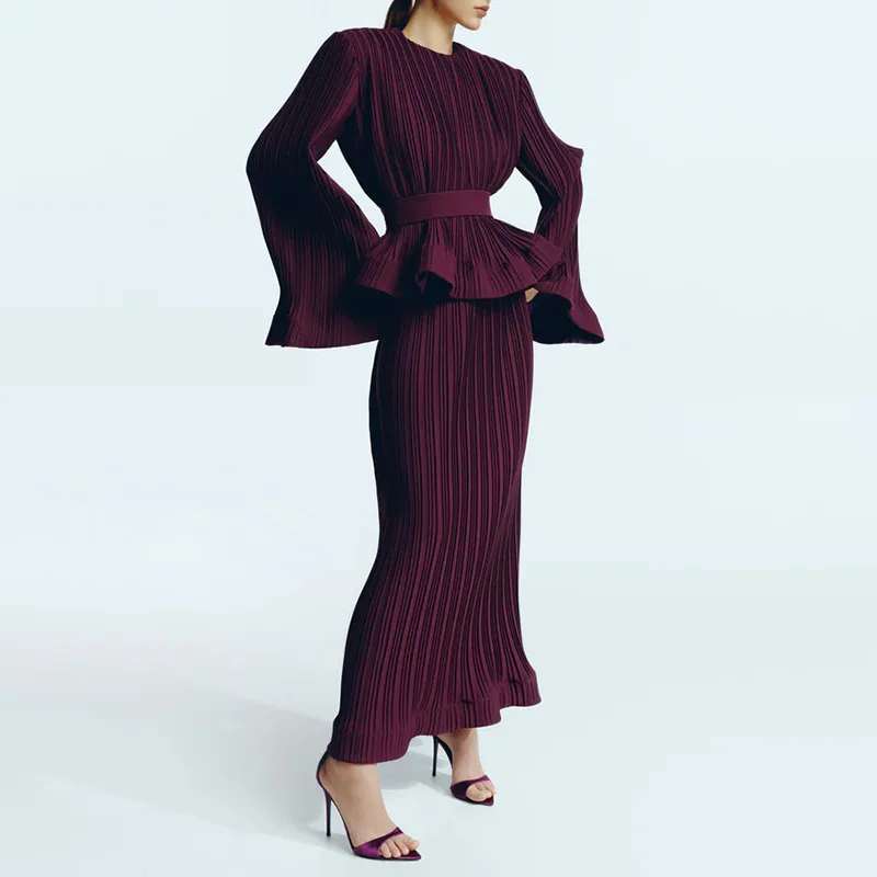 EAEOVNI Elegante design a pieghe Set da 2 pezzi Donna Manica svasata Cintura in vita Camicetta + Gonna lunga Moda 2025 Nuovi vestiti 1A1004