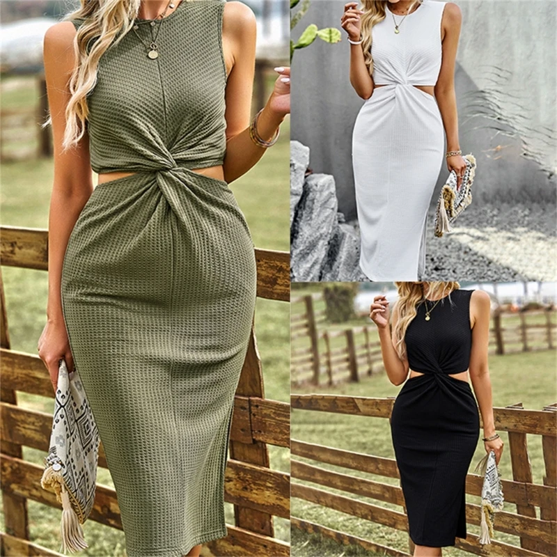 Kobiety O-Neck bez rękawów wyciąć Ruched Twist przód Bodycon Midi sukienka Solid Color Waffle-Knit boczne rozcięcie długi Drop Shipping