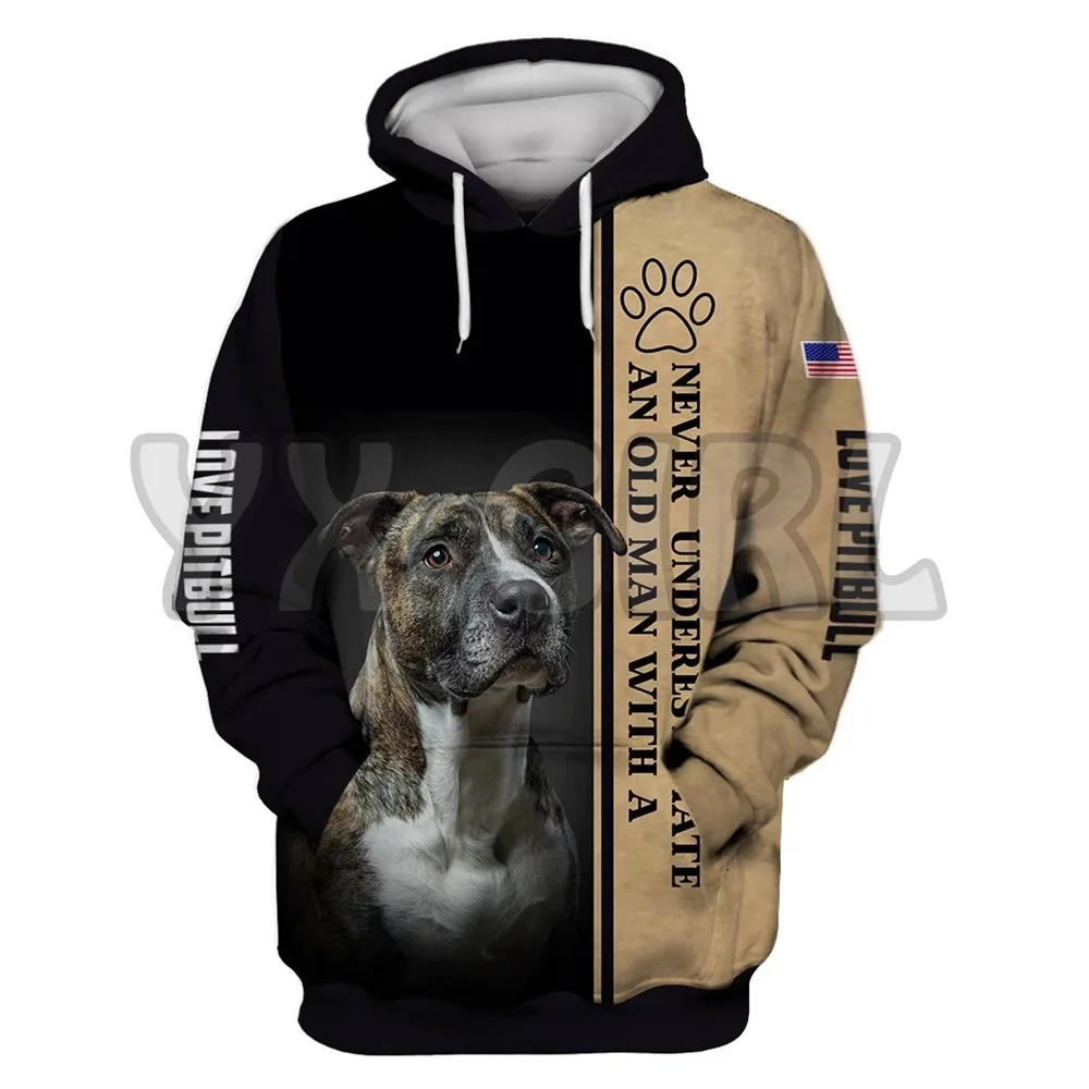 Never Underestimate An Old Man With A Pit Bull 3D Printed Hoodies Women's For Men Pullovers Street Tracksuit Love Dog Gift