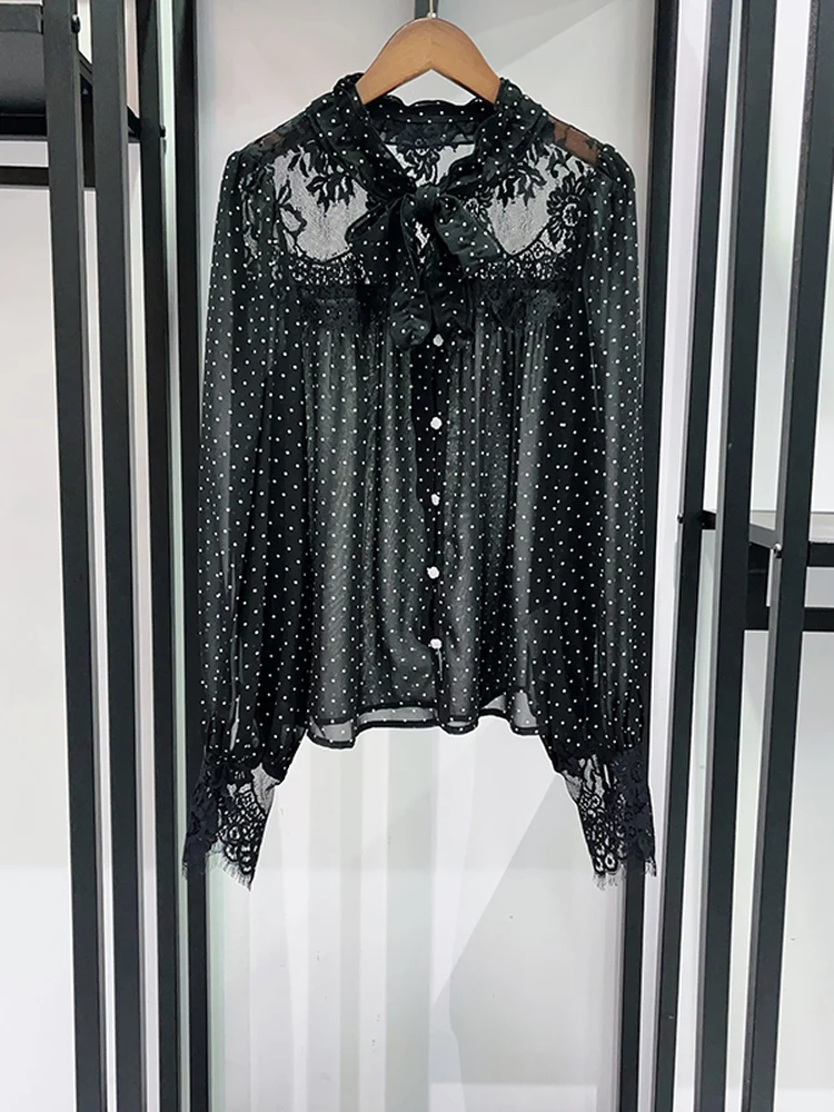 

Elegant Black Polka Dot Melody Blouse Women's Shirt with Tie French Style Loose Fit Long Sleeve Polyester Lace Sensation