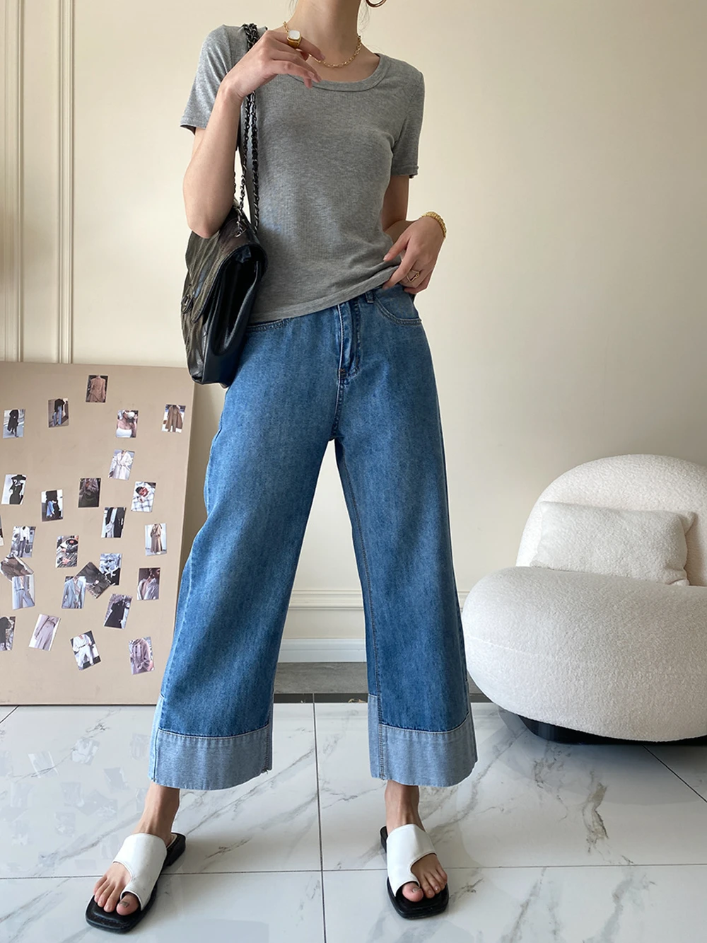 

French Fashionable Contrast Color Rolled Edge Nine Points High Waist Straight Slim Jeans Spring Summer New Pant