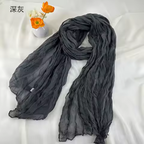 Women Soft Breathable Cotton and Linen Scarves Solid Color Pleated Scarf Retro Bohemian Style Long Wraps 180*90cm Multi Color