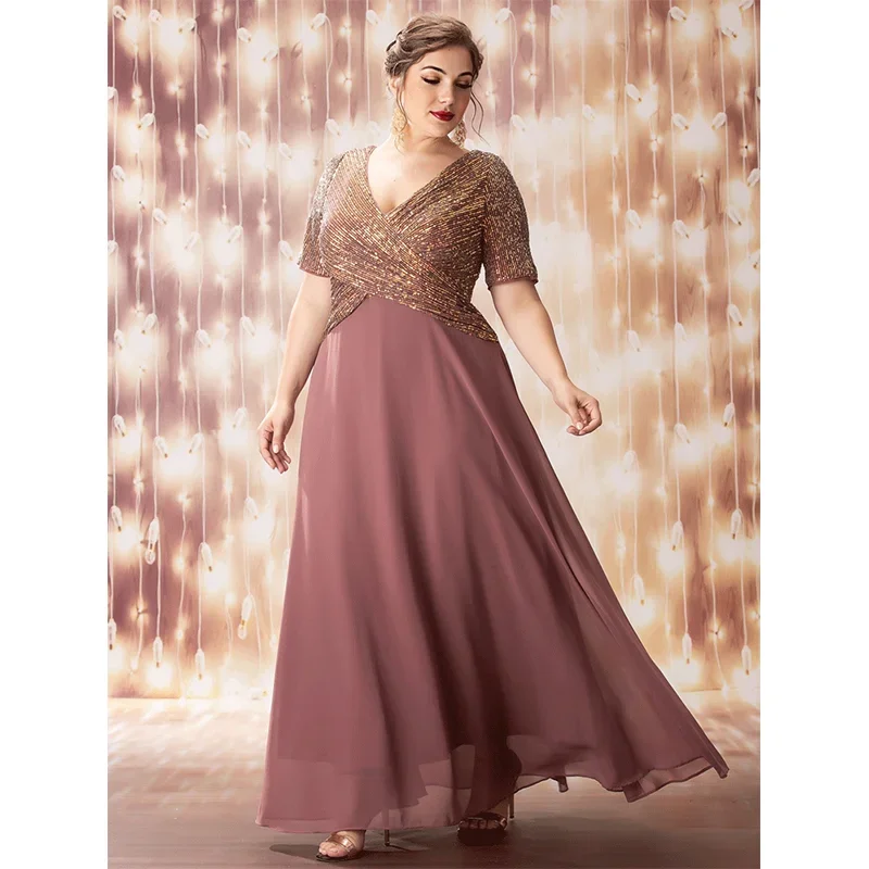 Plus Size 4xl V-Neck Short-Sleeved Colorful Sequined Long Chiffon Women's Evening Dress Banquet Wedding Sequined Evening Dress