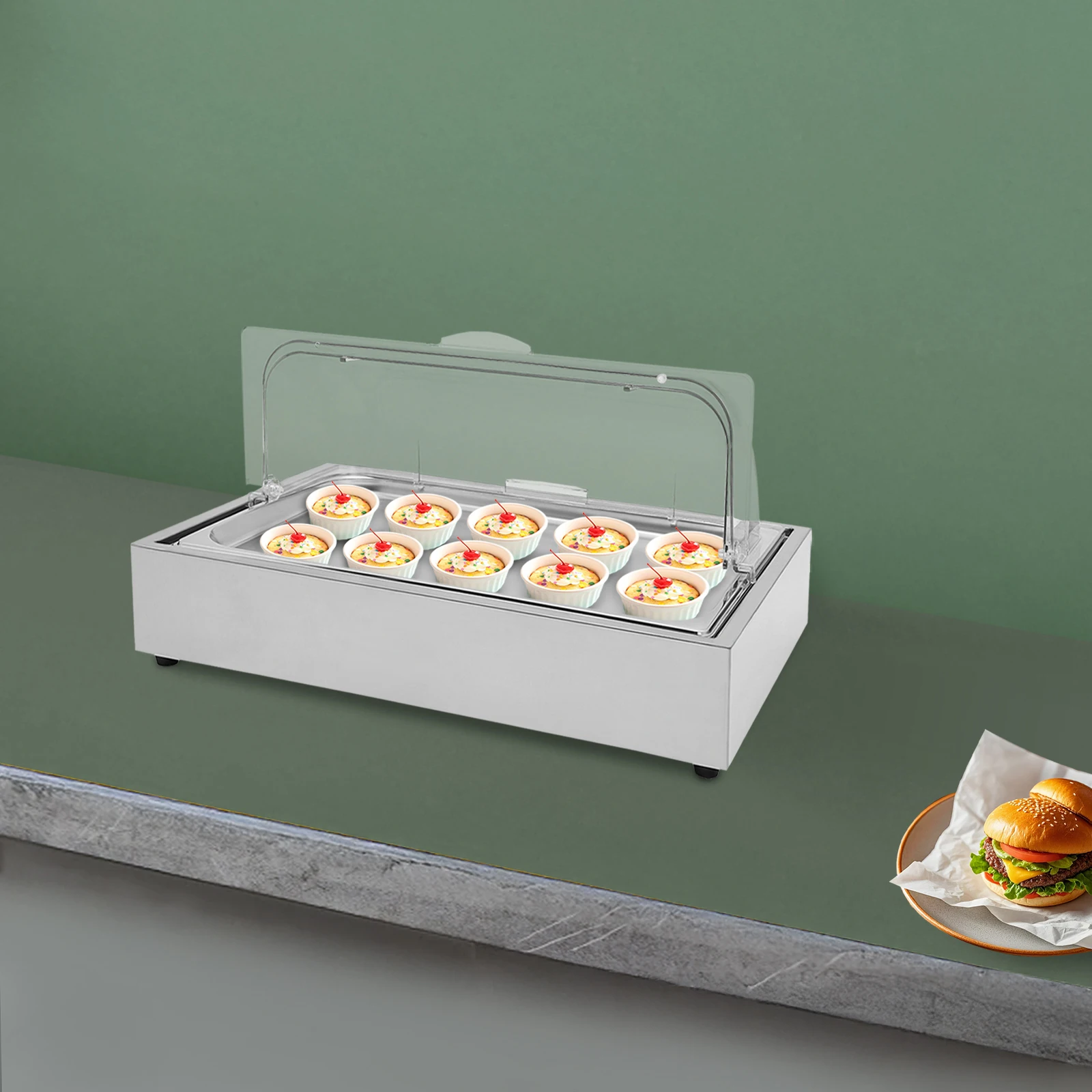 

6L Stainless Steel Ice Food Display Tray with Built-In Ice Pan, 2-Compartment Buffet Serving Platter, Chilled Food Cooler Plate