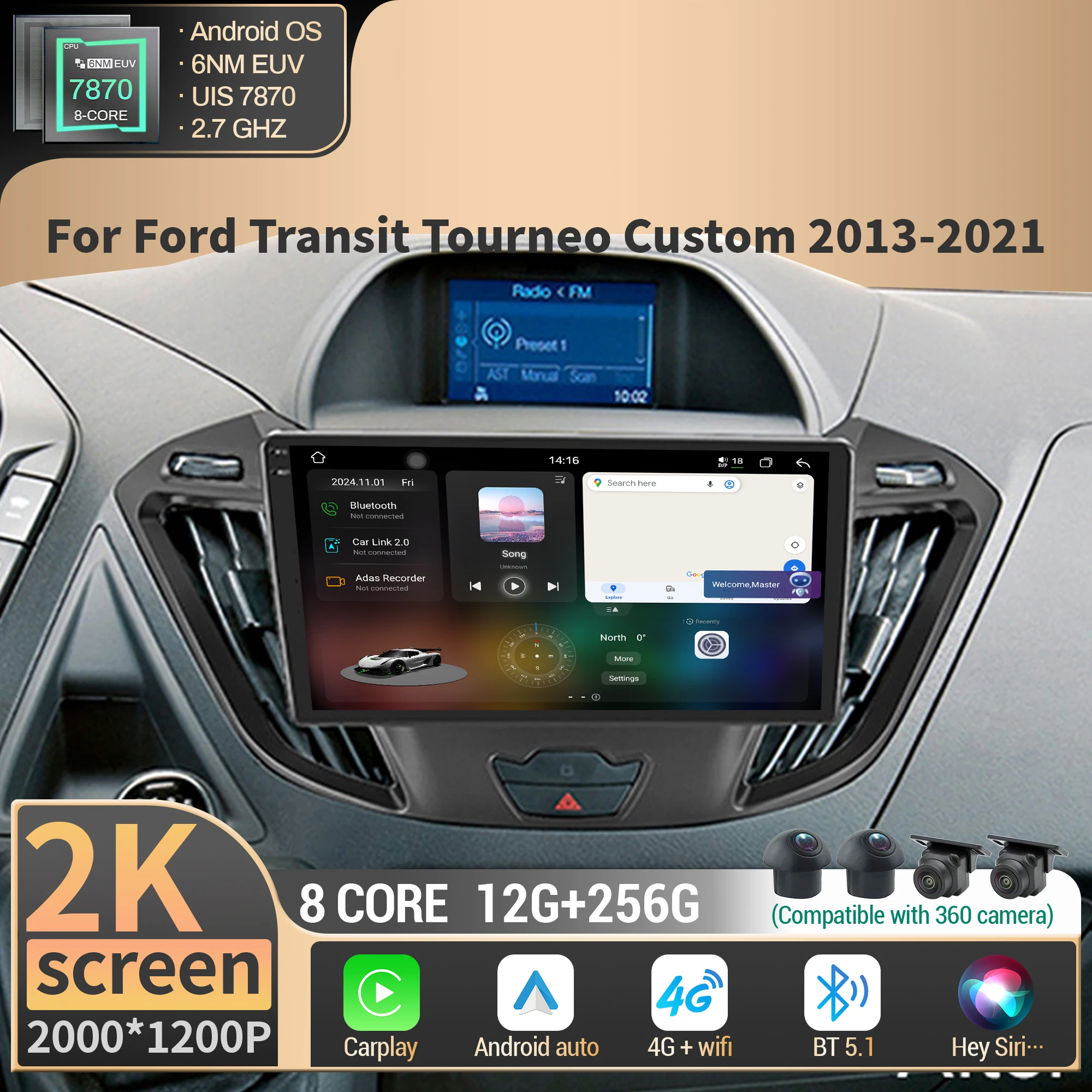

Android For Ford Transit Tourneo Custom 2013-2021 Car Multimedia 4G GPS Wireless BT CarPlay Radio CPU 7870 2K QLED Screen
