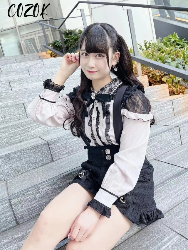 Japanese Shirt Blouse Mine Lace Pink Sweetheart Sweet Bow Hollow Long-sleeve Top Cute Lolita Girls Blusas Feminina Blouse