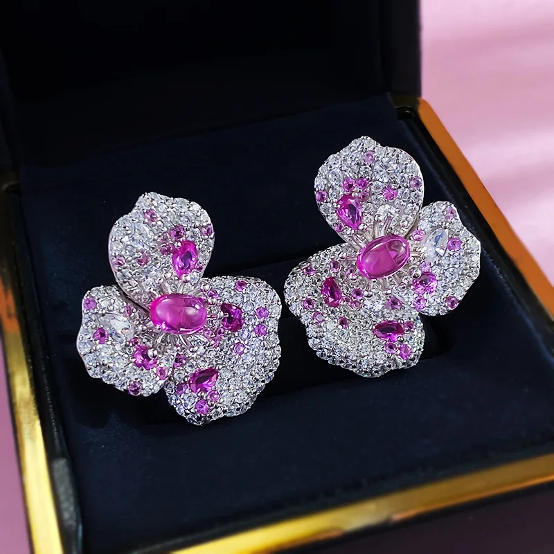 

KQDANCE Luxury 925 Sterling Silver With Pink Red Corundum High Carbon Diamond Gemstone Flower Clip Earrings Women Fine Jewelry