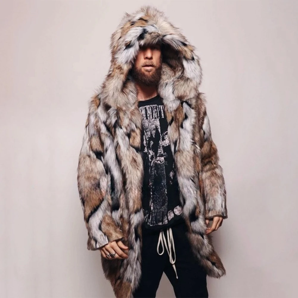 남성 인조 모피 재킷 코트 후드 중간 길이 오버코트 겨울 따뜻한 두꺼운 푹신한 샤기 빈티지 비즈니스 캐주얼 2025 겉옷