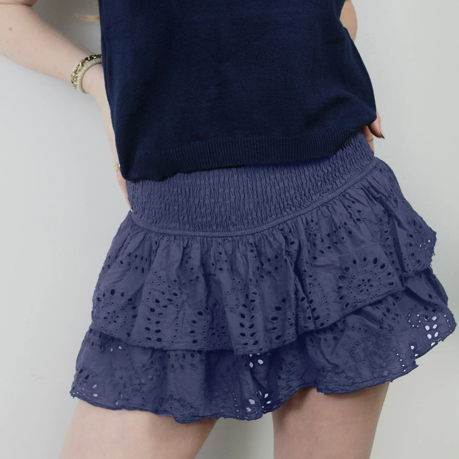 

Women Shirred Mini Skirt A-Line Pointelle High Waist Layered Ruffle Skirt for Summer Party Club