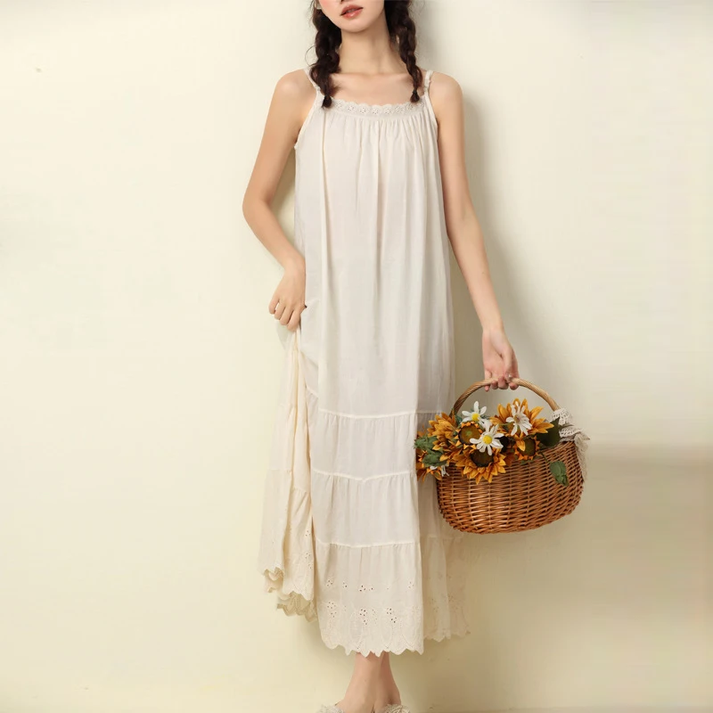 

Johnature New Spaghetti Strap Cake Dresses 2024 Mori Cotton Solid Color All Match Loose Simple Render Women Dress