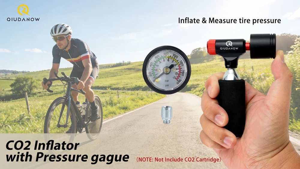Fahrrad-CO2-Pumpe, Mini, tragbar, handbetrieben, schnelle Reifenpumpe mit Manometer für MTB- und Rennräder, passend für Schrader- und Presta-Ventile – Detail 1