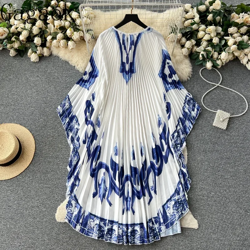 Gagaok Dresses European Retro Bat Sleeve Printed Dress Women Summer Loose Fitting and Slim Casual Elegant Vestidos