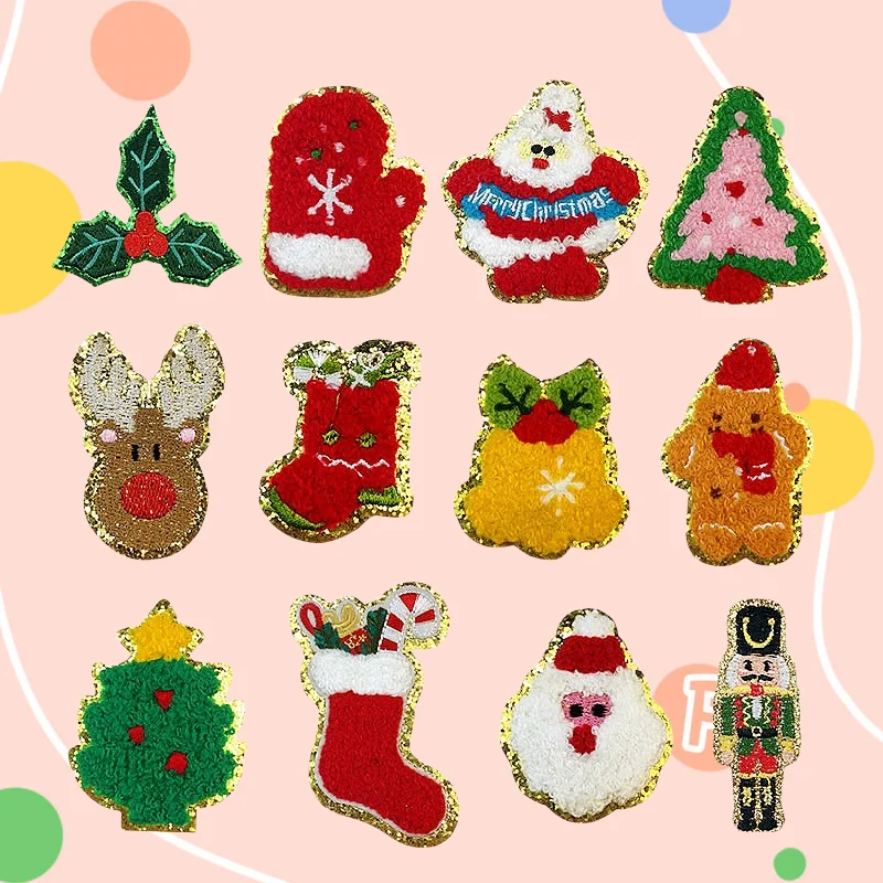 New Merry Christmas Iron On Patches Adorable Snowman Biscuit Christmas Tree Designs with Chenille Sequin Edges Holiday Season