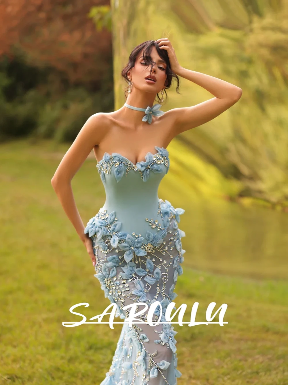 

New Arrival Blue 3D Leaf Luxury Evening Dress Scintillating Crystal Embellishments Prom Gown Customized Sexy Mermaid Wear