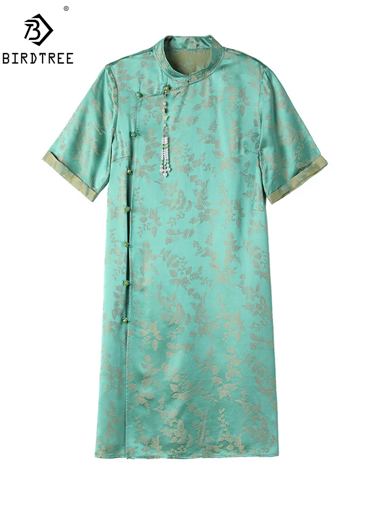 

BirdTree, 50% Real Silk Cheongsam Dress, Women Mandarin Collar Short Sleeve Jacquard, Chinese Dresses, 2024 Summer New D44974QM