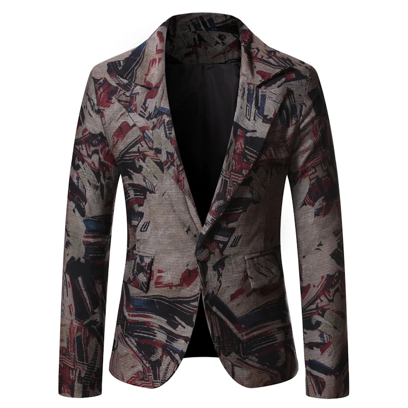 Vintage Printed Formal Blazer Men Fashion V-Neck Slim Fit Floral Blazers Costume Homme Casual Single Button Mens Suit Jackets