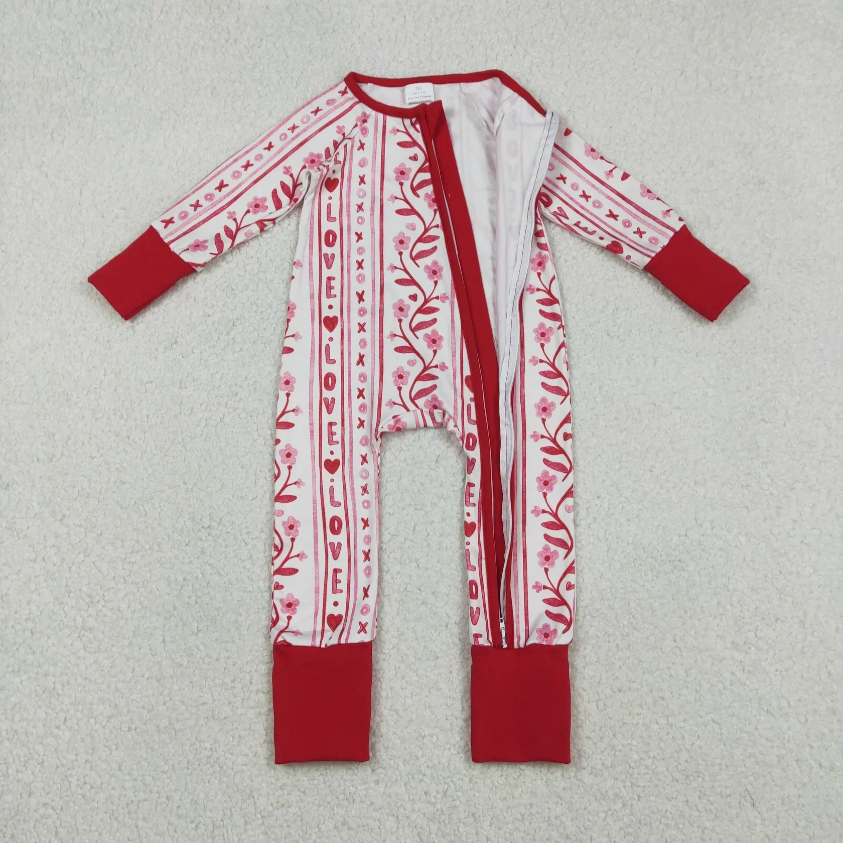 Wholesale Children Baby Girl Long Sleeve Infant Hearts Flower Valentine Romper Kids Toddler Newborn Red Zipper Footie Bodysuit