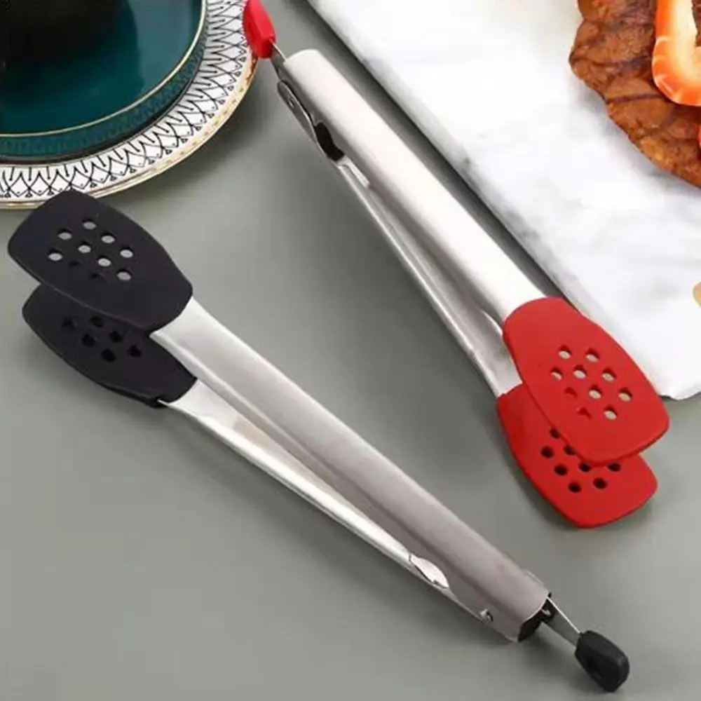 

Food Grade BBQ Grilling Tongs Silicone Head High-Temperature Resistant Stainless Steel Tongs Anti-Scalding Cake Bread Tong