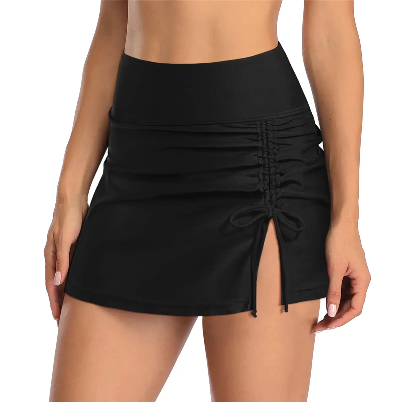 

Women'S High-Waisted Solid Color Split Shorts Pleated Drawstring Swimsuit Beach Bikini Tulle Skirt Double-Layer Simple Skirt