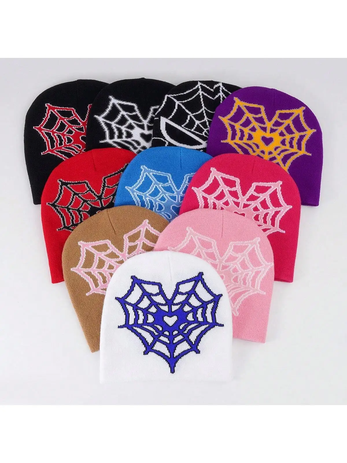 1pc Y2k Style Color Blocking Heart Shaped Spider Web Pattern Personality Street Skull Beanie Hat, Unisex, Jacquard Knitted Hat, 