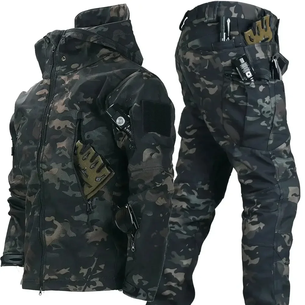 Suits for Men Winter Tactical Sets Shark Skin Biker Jacket Hoodie Pants 2 Piece Set Waterproof Workwear Clothes Pockets