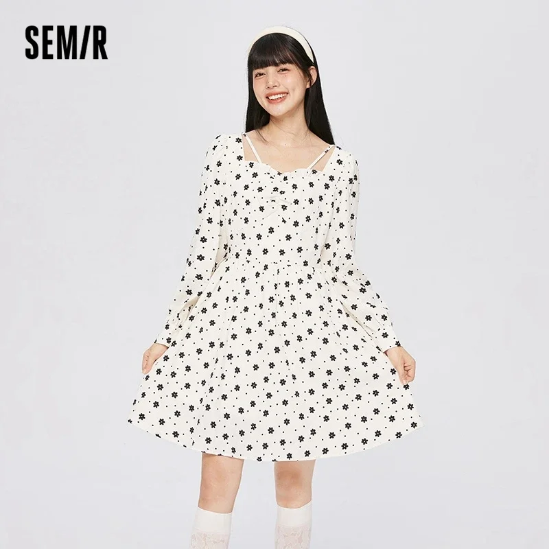 Semir Dress Women Texture Fungus Edge Floral Dresses Temperament 2022 Autumn New Waist Square Collar Dress