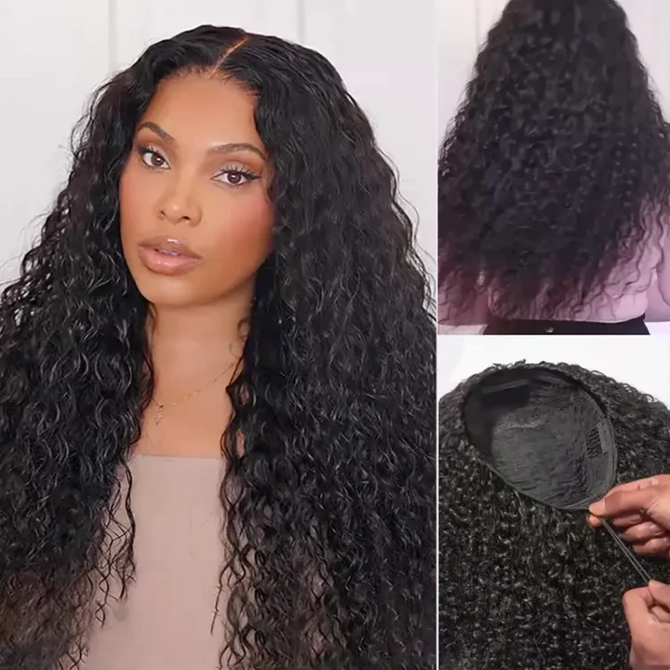 

3 IN 1 Half Wig Kinky Curly Human Hair Half Wig Glueless Wig Headband Wig Upgrade With Drawstring Seamless Clips Wig For Women
