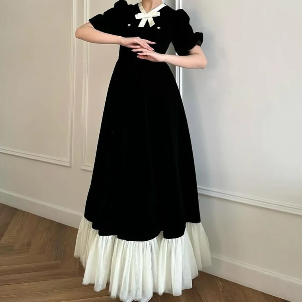 ชุดราตรีทรงเอไลน์แบบสั่งตัด ยาวกรอมพื้น คอวี แขนสั้น ชุดออกงานพรอม ดีไซน์โบว์เรียบง่าย ผ้าพลิ้ว ชุดลำลองสำหรับงานปาร์ตี้