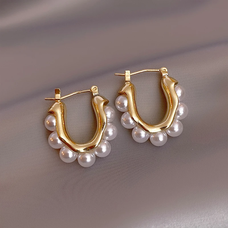 New Imitation Pearl U-shaped Metal Dangle Earrings Korean Dashion Jewelry Party Girl Luxury Accessories For Womans Gift