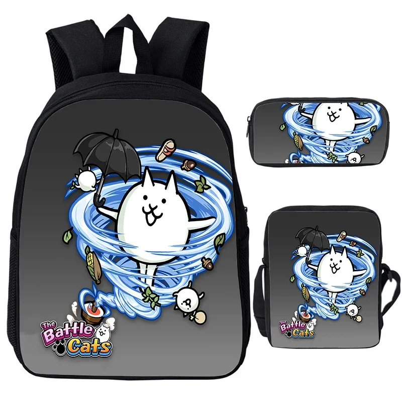 The Battle Cats Backpack Shoulder Bag Pen Bag 3pcs Set Cute Cartoon School Bags kids Boys Girls Softback Bookbag Laptop Backpack