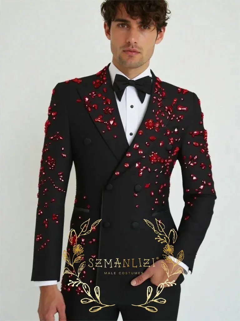 

Luxury Black Men Suits Set Burgundy Crystal Gentleman Doubel Breasted Tuxedos Slim Fit Wedding Party Jacket 2 Piece Formal Dress