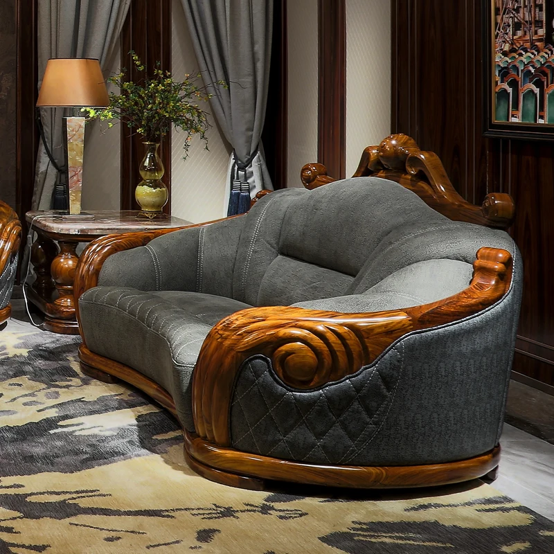 Solid wood carved imported ebony wood sofa European villa first floor cowhide leather sofa