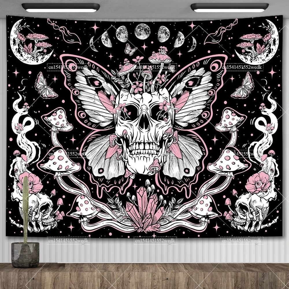 Skull Floral Tapestry Mushroom Skeleton Goth Tapestry Aesthetic Room Decor Moth Moon And Stars Wall Tapestry Home Decoration