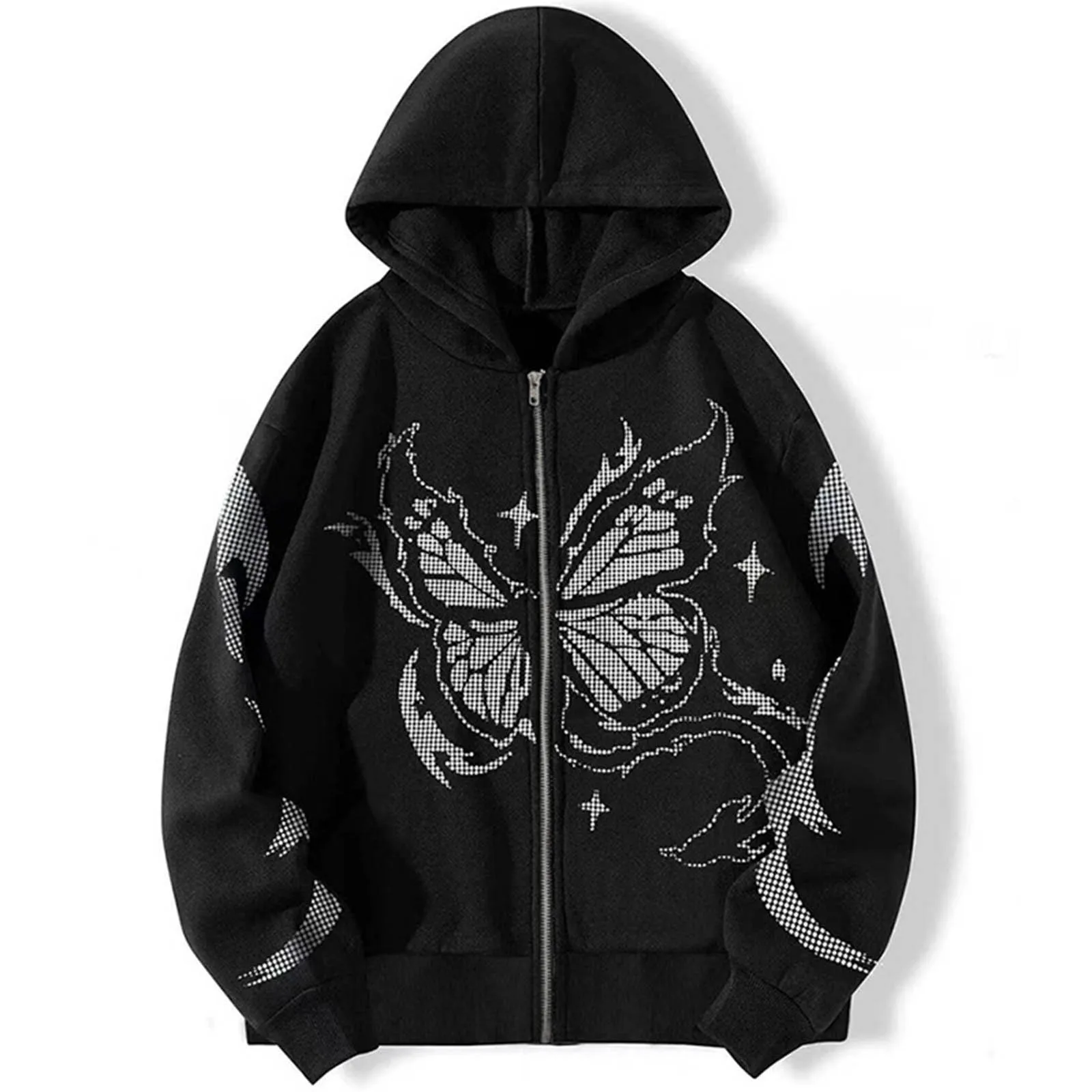 Women Gothic Black Zip Up Hoodies Butterfly Print Sweatshirts Oversize Harajuku Hooded Casual Loose Couple Fashion Hoodie